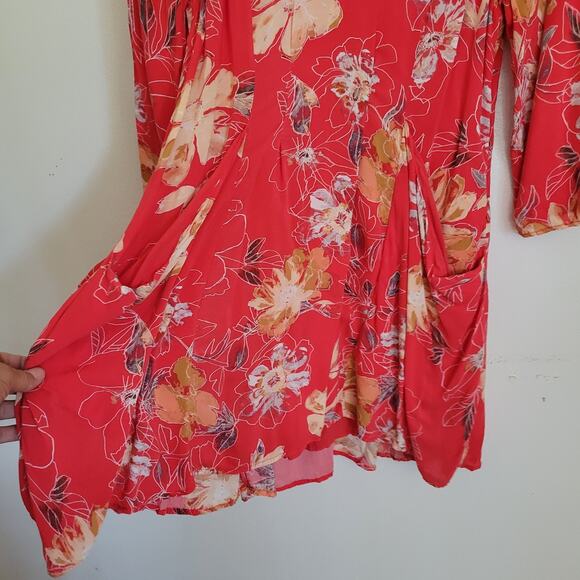 Free People All Eyes On You Floral Mini Swing Dress 4 Coral 3/4 Bell Sleeve - Picture 13 of 16